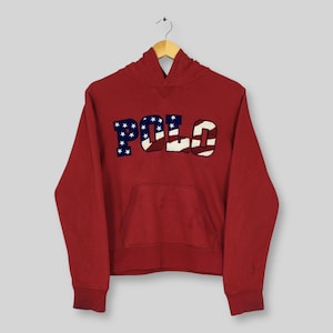 Vintage Polo Ralph Lauren Hoodie Sweatshirt Youth Large Polo Spell Out Embroidered USA Sweater Polo By Ralph Lauren Red Hoodie Size L