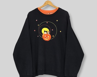 Vintage Pumpkin Halloween Black Sweatshirt XXLarge Cute Kitten Pumpkin Sweater Halloween Pumpkin Cat Jumper Halloween Holiday Crewneck 2XL