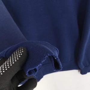May include: A close-up shot of a navy blue sweatshirt sleeve, focusing on the frayed cuff. The image shows the texture of the fabric and the wear on the garment. The details of the construction are visible.