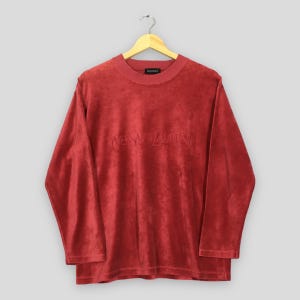 Vintage Yves Saint Laurent Sweatshirt Medium 90&#39;s Ysl Italy Embroidery Spell Out Logo Red Sweater Ysl Pour Homme Velvet Jumper Size M