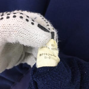 May include: Close-up of a navy blue garment with a tag held by a white glove with black dots. The tag has Japanese text and reads "60%" and "40%."