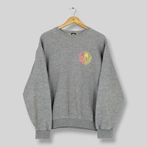 May include: A gray sweatshirt with a crew neck and long sleeves. A circular graphic with red, yellow, and orange hues is centered on the chest. The sweatshirt is hanging on a wooden hanger.