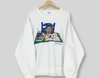 Sudadera vintage de los años 90 con estampado de gato de B. Kliban, talla mediana, estilo hawaiano, con gráficos de pintura de gato, cuello redondo blanco de B. Kliban, talla M