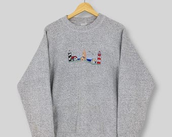 Vintage Y2K Vereinigte Staaten Leuchtturm Graues Sweatshirt Medium Leuchttürme Bestickter Grafik Pullover Leuchtturm Pullover Souvenir Rundhalsausschnitt M