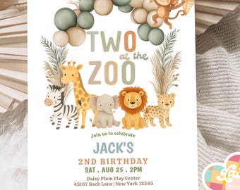May include: Editable template for a second birthday party invitation. The invitation features a jungle theme with a green, brown, and beige color scheme. The text reads "Two at the Zoo" and includes details for Jack's 2nd birthday party.
