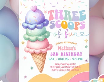 Three Scoops of Fun Ice Cream 3rd Birthday Invitation Invite : Editable Template 09DP (3)
