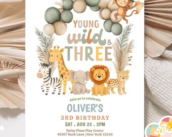 Invitation modifiable Safari Young Wild et trois anniversaires : modèle d'invitation d'animaux de la jungle 10DP