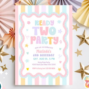 Puede incluir: Una plantilla de invitación rectangular con rayas verticales en tonos pastel amarillo, azul y rosa. El centro presenta un marco blanco festoneado con el texto READY TWO PARTY, Marinda's 2nd Birthday, Sat Aug 25, 5 PM, y detalles de RSVP.