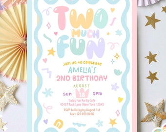 Two Much Fun Balloon Party Doodle Second 2nd Birthday Invitation Template 31DP (2-2)