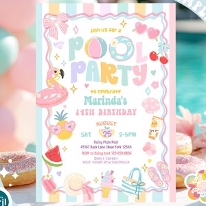 May include: A pastel-colored pool party invitation template with the text "POOL PARTY" and details for Marinda's 19th birthday. The design includes illustrations of a flamingo, watermelon, and ice cream.