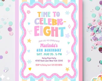 Whimsical Vibrant Colorful Time to Celebr-Eight 8th 8 Birthday Pun Invitation Template 39DP (8)