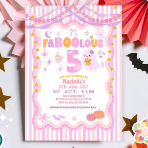 May include: A rectangular invitation template featuring a pink and white striped background with a scalloped border. The text reads FABOOLOUS 5, Marinda's 5th BOO-DAY, Sat Oct 31, 5-8 PM, Daisy Haunted Manor, 45167 Back Lane, New York 12545, RSVP 125 659 5698.