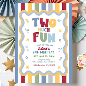 Plantilla de invitación para fiesta de segundo cumpleaños de niño, caprichoso, dos años, muy divertido, suave y apagado 41DP3 (2)