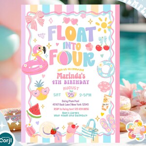 Invitación de cumpleaños número 4 para fiesta en la piscina de FOUR Girl: Plantilla Flamingo Summer 24DP2 (4-2)