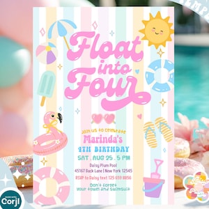 Puede incluir: Una plantilla de invitación de cumpleaños rectangular con rayas verticales en tonos pastel e ilustraciones veraniegas que incluyen un sol, un flotador de flamenco, una pelota de playa, un helado y chanclas. El texto dice Float into Four.