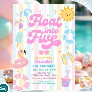 Puede incluir: Una plantilla de invitación de cumpleaños rectangular vertical con rayas verticales en tonos pastel e iconos de verano que incluyen un sol, sombrilla, flotador de flamenco y chanclas. El texto dice Float into Five, Marinda's 5th Birthday, Sat Aug 25, 5 PM, Daisy Plum Pool, 45167 Back Lane, New York 12545, RSVP to Daisy text 125 659 8856 y Don't forget your towel and swimsuit.