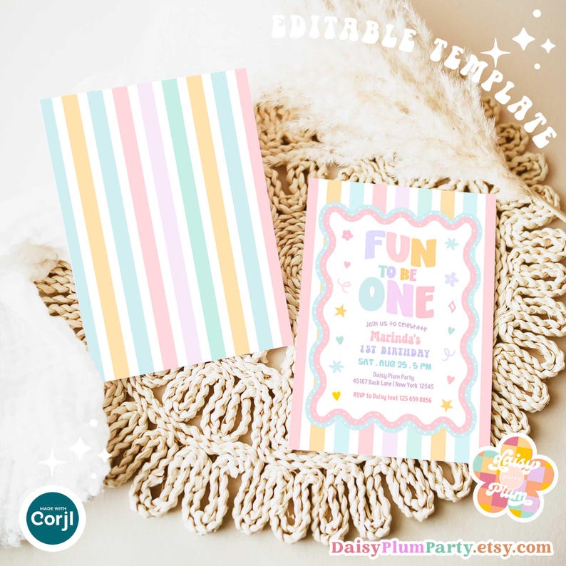 May include: Two rectangular invitation cards featuring vertical pastel stripes in yellow, pink, and blue. One card displays the text FUN TO BE ONE, Marinda's 1st Birthday, Sat Aug 25, 5 PM, Daisy Plum Party, 45167 Back Lane, New York 12545, RSVP to Daisy.
