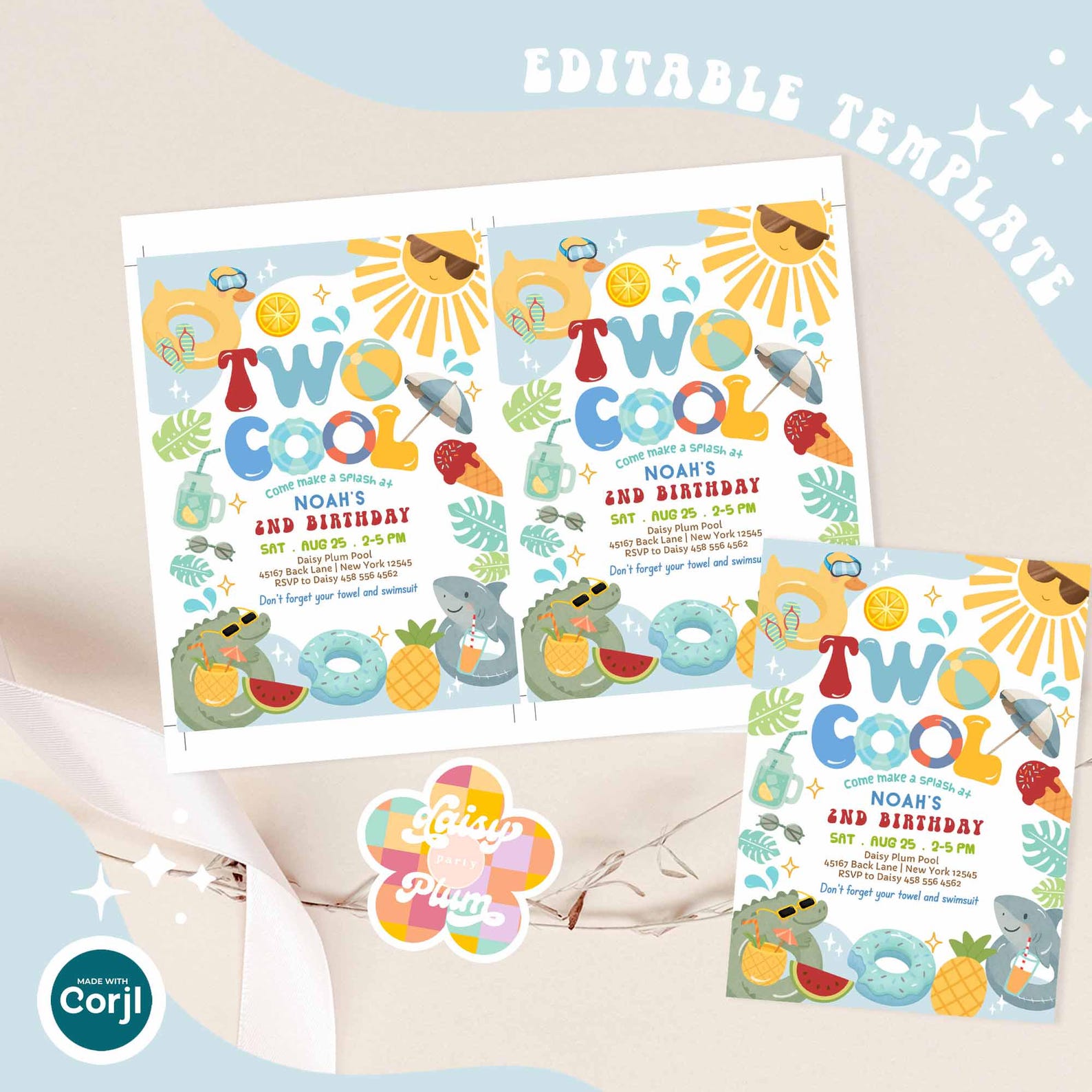 Two Cool Editable Boy Pool Party TWO COOL 2nd Birthday Invitation Colorful Sun ...