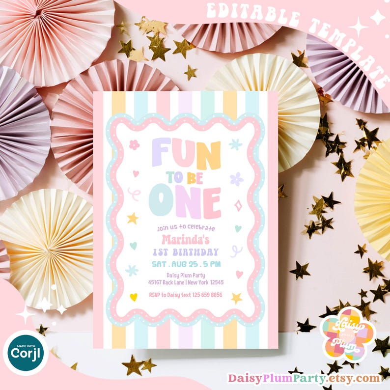 May include: A rectangular birthday invitation template featuring pastel vertical stripes and a scalloped border. The text reads Fun To Be One, Marinda's 1st Birthday, Sat Aug 25, 5 PM, Daisy Plum Party, 45167 Back Lane, New York 12545, RSVP to Daisy.