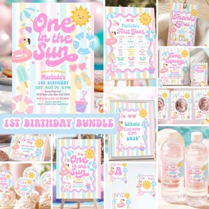 May include: A 1st birthday party bundle featuring a One in the Sun theme with pastel striped backgrounds, pink flamingos, yellow suns, and beach icons. Includes invitations, milestone signs, thank you tags, water bottle labels, and banners.