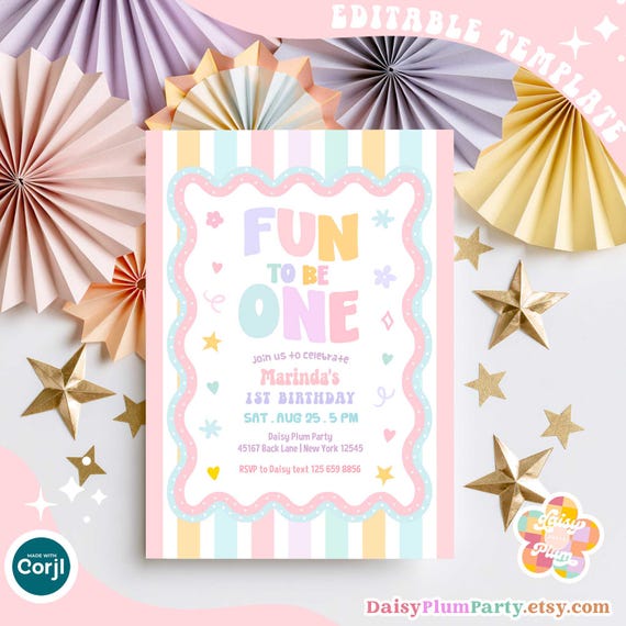 Whimsical Blush Pastel Fun to be One Whimsy First 1st Birthday Party Invitation Template 39DP2 (1)