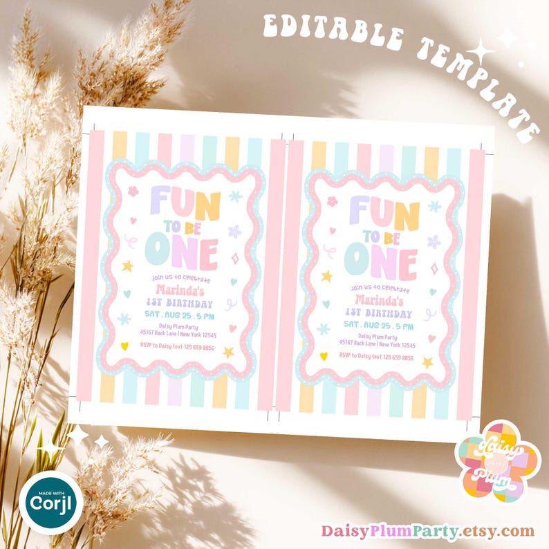 May include: Two identical rectangular birthday invitation templates featuring pastel vertical stripes in pink, yellow, and blue. The center contains a scalloped frame with the text FUN TO BE ONE, Marinda's 1ST BIRTHDAY, SAT. AUG 25. 5 PM, and RSVP details.
