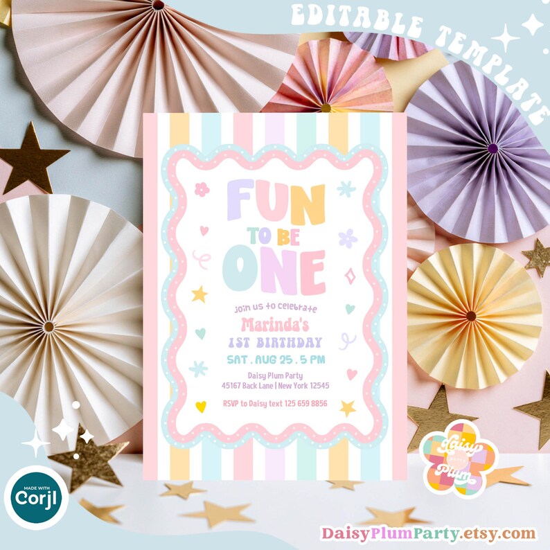 May include: A rectangular birthday invitation template with a pastel striped background and a scalloped border. The text reads Fun to be One, Marinda's 1st Birthday, Sat Aug 25, 5 PM, Daisy Plum Party, 45167 Back Lane, New York 12345, RSVP to Daisy.
