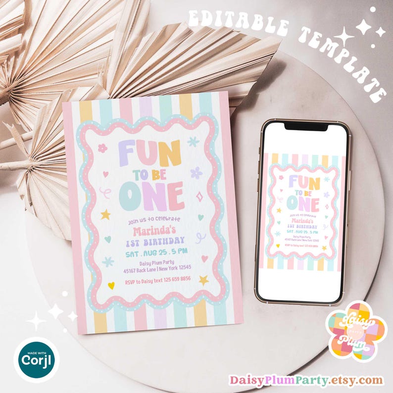 Whimsical Blush Pastel Fun to be One Whimsy First 1st Birthday Party Invitation Template 39DP2 (1) image 4