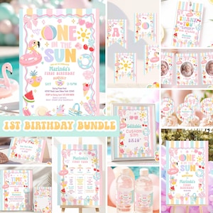 Könnte beinhalten: Ein 1. Geburtstagsparty-Deko-Set mit One in the Sun-Thema, pastellfarbenen Streifenhintergründen sowie Illustrationen von Flamingos, Strandbällen und Sommerfrüchten. Enthält Einladungen, Banner, Schilder und Etiketten mit rosa und blauen Akzenten.