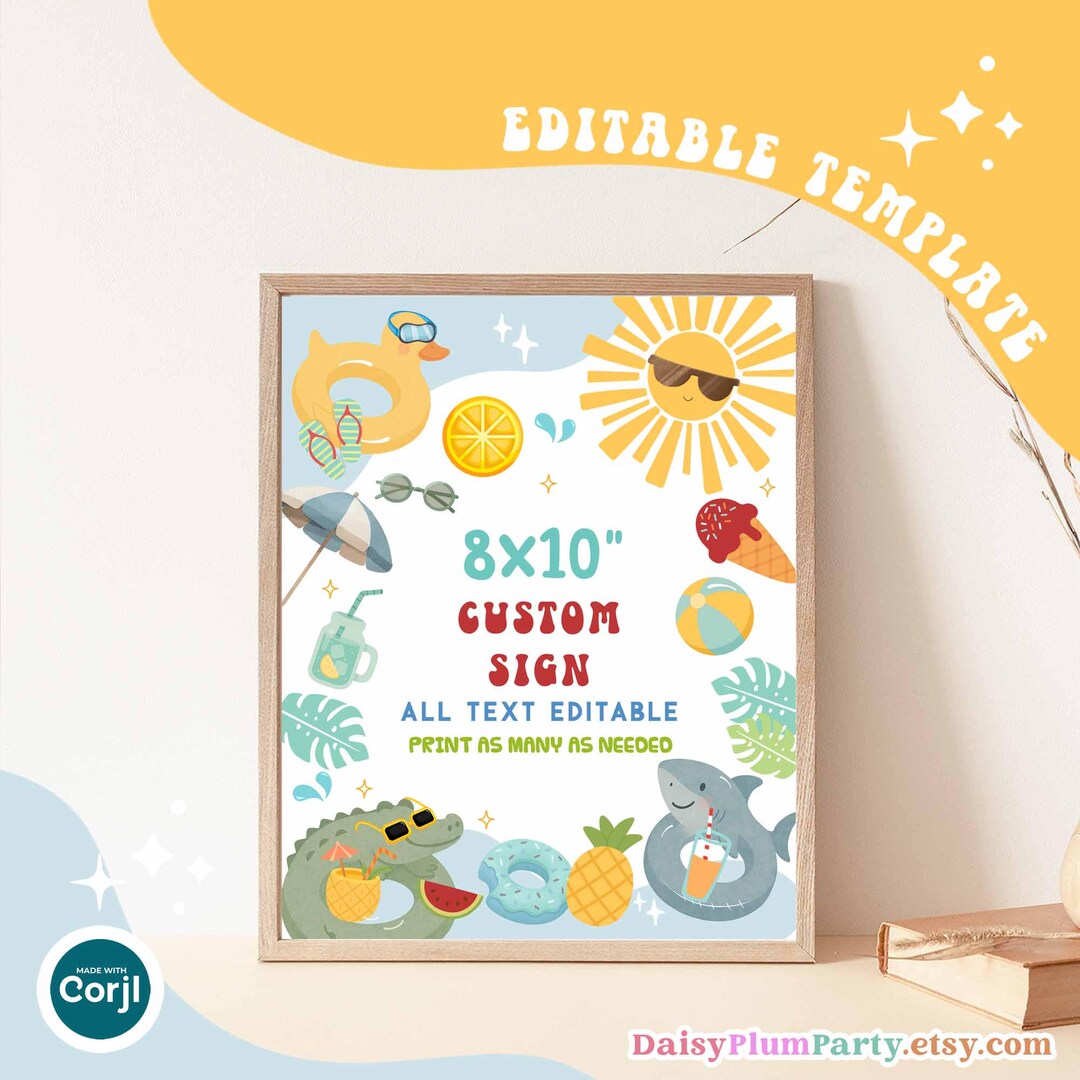 Boy Pool Party Sign: Editable Birthday Decoration Template (8x10 ...
