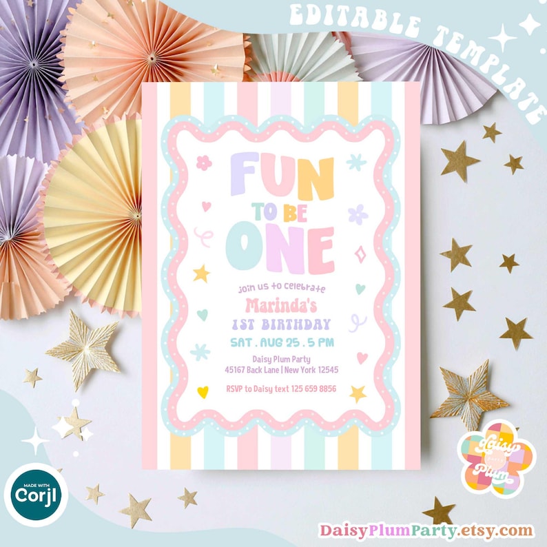 May include: A rectangular birthday invitation template featuring vertical pastel stripes in pink, yellow, and blue. The center has a scalloped border with the text FUN TO BE ONE, Marinda's 1st Birthday, date, time, and location details in colorful fonts.