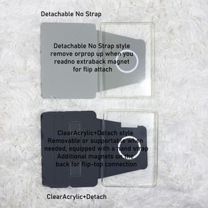 May include: Two tablet cases with clear acrylic backs and grey covers. The top case is labelled Detachable No Strap and features a magnetic ring. The bottom case is labelled ClearAcrylic+Detach and includes a hand strap and back magnets.