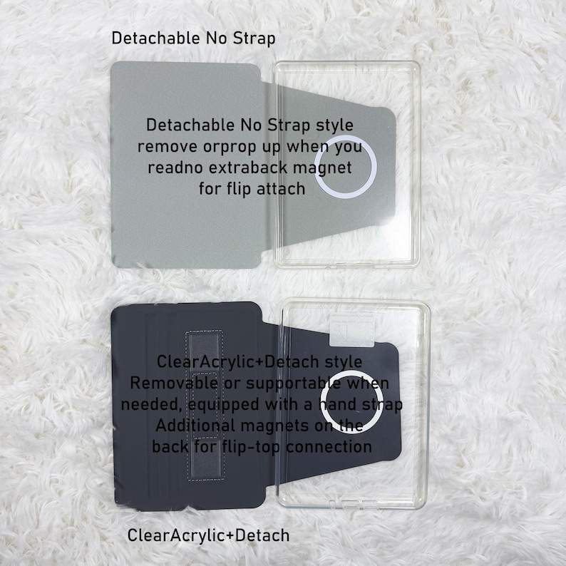 May include: Two tablet cases with clear acrylic backs and grey covers. The top case is labelled Detachable No Strap and features a magnetic ring. The bottom case is labelled ClearAcrylic+Detach and includes a hand strap and back magnets.