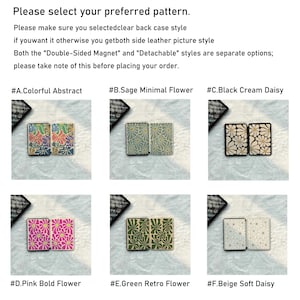 May include: A selection guide for phone cases featuring six floral patterns labelled A through F. The text instructs customers to choose between clear back or leather styles, noting that Double-Sided Magnet and Detachable are separate options.