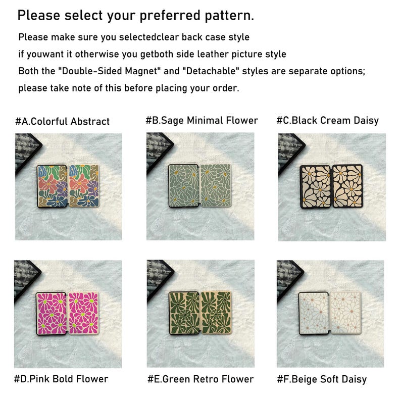 May include: A selection guide for phone cases featuring six floral patterns labelled A through F. The text instructs customers to choose between clear back or leather styles, noting that Double-Sided Magnet and Detachable are separate options.