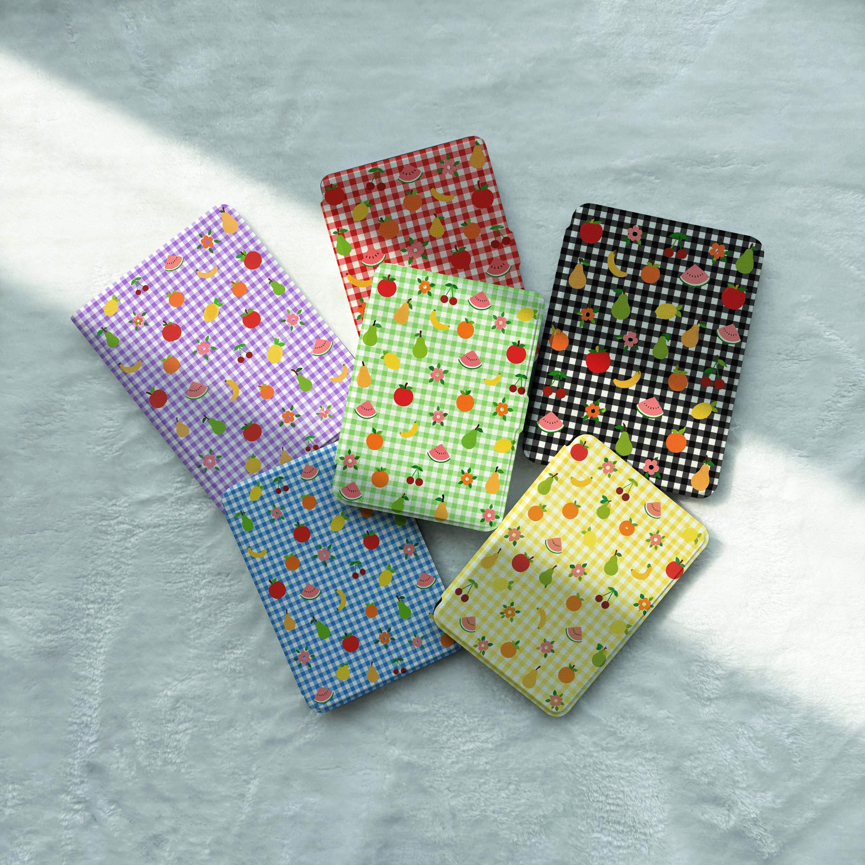 Magnetic Detachable Kindle Case, Clear Back Cover for Kindle & Kobo, Strong Magnetic Back, Cute Fruit Gingham Pattern Design