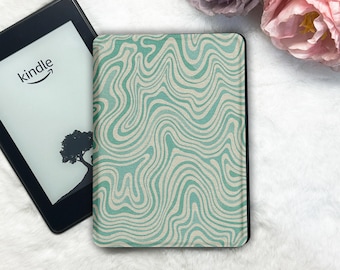 Funda para Kindle y Kobo con diseño de ondas abstractas, tapa magnética desmontable, carcasa trasera transparente, funda minimalista para lector electrónico con correa y función de apagado automático.