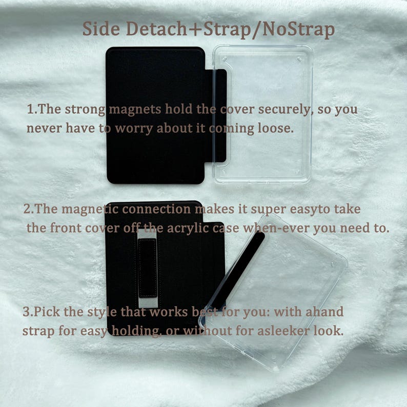 May include: A black magnetic cover and a clear acrylic case for a tablet. The text reads: Side Detach+Strap/NoStrap. 1.The strong magnets hold the cover securely, so you never have to worry about it coming loose. 2.The magnetic connection makes it super easyto take the front cover off the acrylic case when-ever you need to. 3.Pick the style that works best for you: with ahand strap for easy holding, or without for asleeker look.