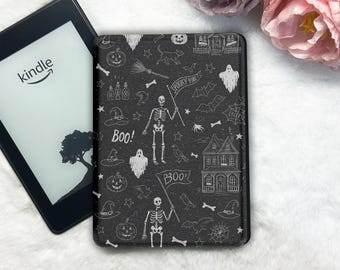 Kindle-hoesje Skull Ghost Halloween, afneembare, doorzichtige achterkant e-readercover met draagriem, magnetisch hoesje automatisch activeren/slapen voor Kindle en Kobo