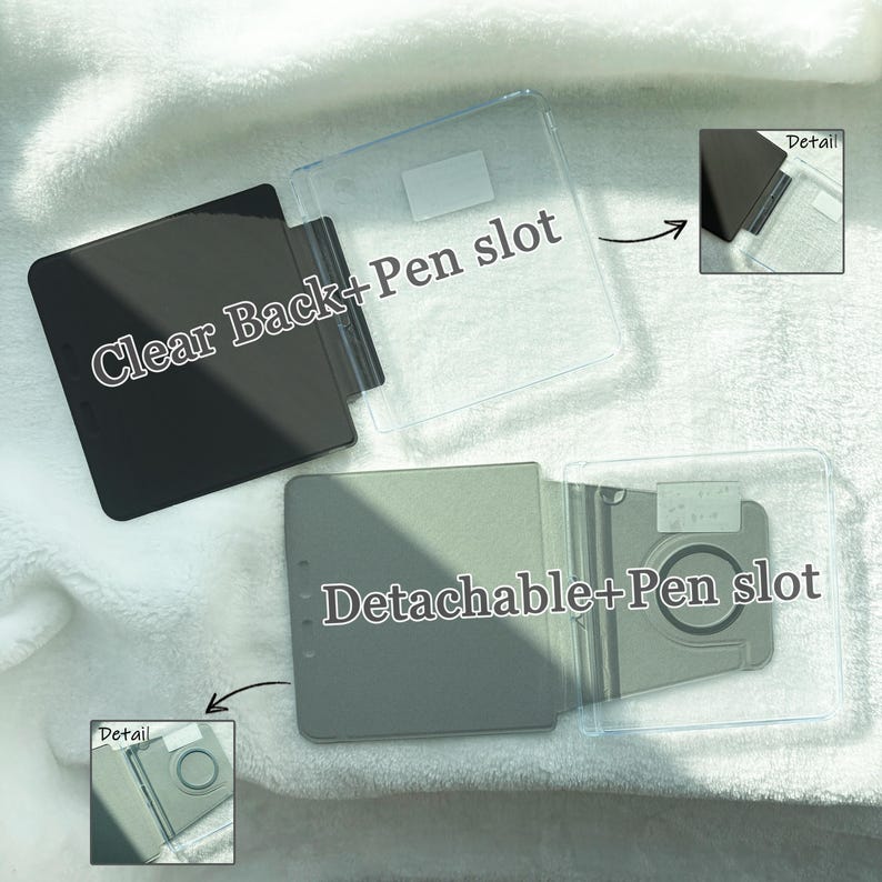 May include: Two tablet cases with clear backs and integrated pen slots. The top case is solid black, while the bottom case is grey and features a detachable design with a circular magnetic charging area. Both include small inset detail views.