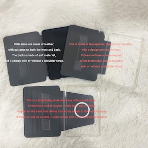 May include: A collection of tablet cases including dark grey leather-like covers with integrated hand straps and transparent rigid acrylic shells. Some models feature circular magnetic attachments on the back panel for stand functionality and modular use.