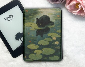 Cat On The Water Lily Kindle Cover with Hand Strap–Kobo Clara/Libra &Kindle Case, Clear Back Protective Sleeve, Auto Wake/Sleep, Reader Gift