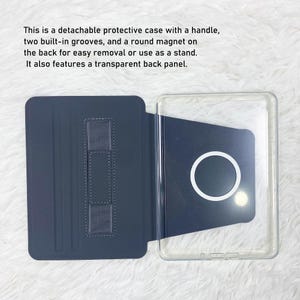 May include: A detachable protective case featuring a dark blue cover with a handle and two built-in grooves, paired with a transparent back panel that includes a round white magnet for attachment or use as a stand for electronic devices.