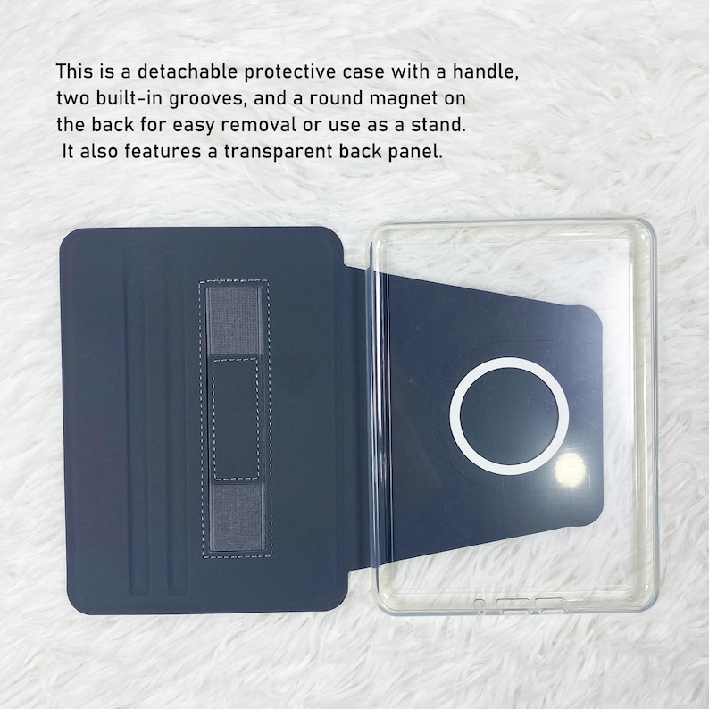 May include: A detachable protective case featuring a dark blue cover with a handle and two built-in grooves, paired with a transparent back panel that includes a round white magnet for attachment or use as a stand for electronic devices.