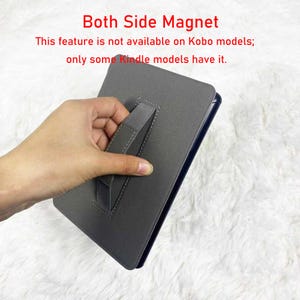 May include: A grey protective case for an e-reader featuring a central fabric hand strap. The text "Both Side Magnet" and "This feature is not available on Kobo models; only some Kindle models have it" is printed in red above the rectangular case.