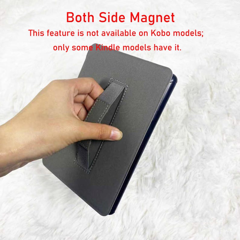 May include: A grey protective case for an e-reader featuring a central fabric hand strap. The text "Both Side Magnet" and "This feature is not available on Kobo models; only some Kindle models have it" is printed in red above the rectangular case.