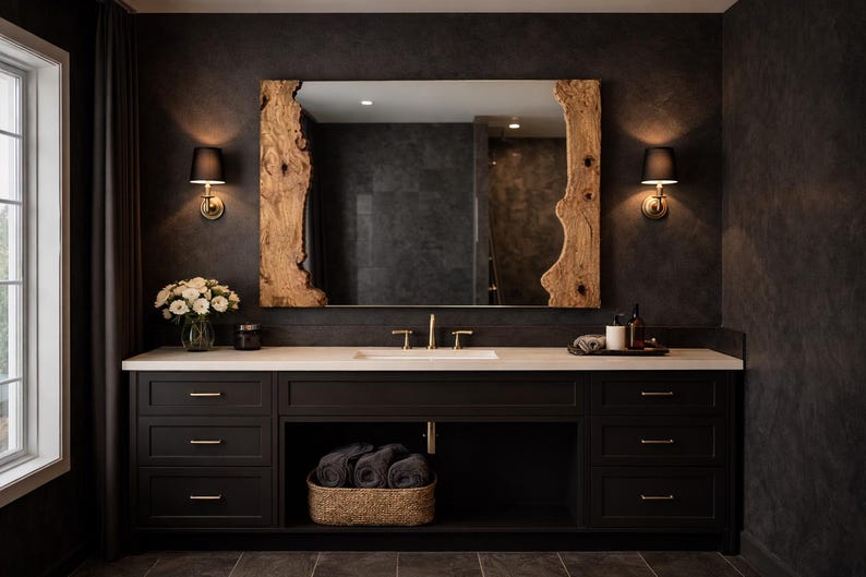 May include: A contemporary bathroom vanity with a large mirror framed in natural wood. The dark cabinets have drawers and an open shelf with a woven basket. A white countertop holds a sink, gold tap, and decorative items.