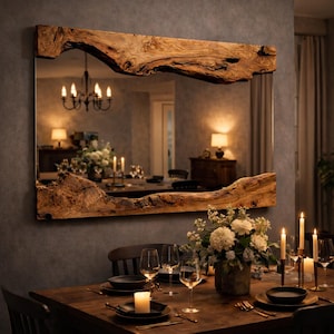 May include: A large rectangular mirror with a natural wood frame. The frame has a raw, organic edge. The mirror reflects a dining room scene with a table set for a meal, flowers, and candles.