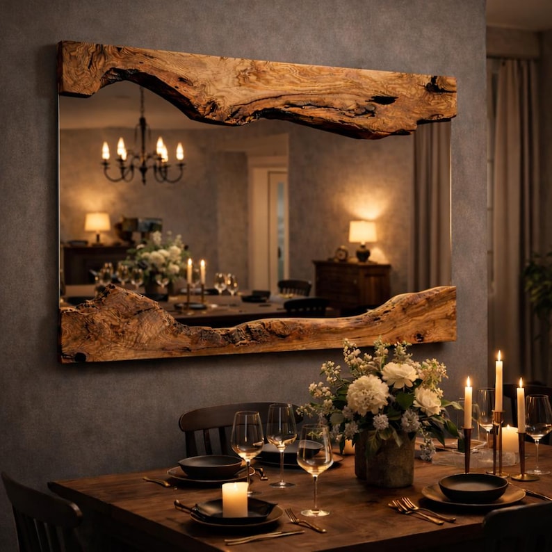 May include: A large rectangular mirror with a natural wood frame. The frame has a raw, organic edge. The mirror reflects a dining room scene with a table set for a meal, flowers, and candles.