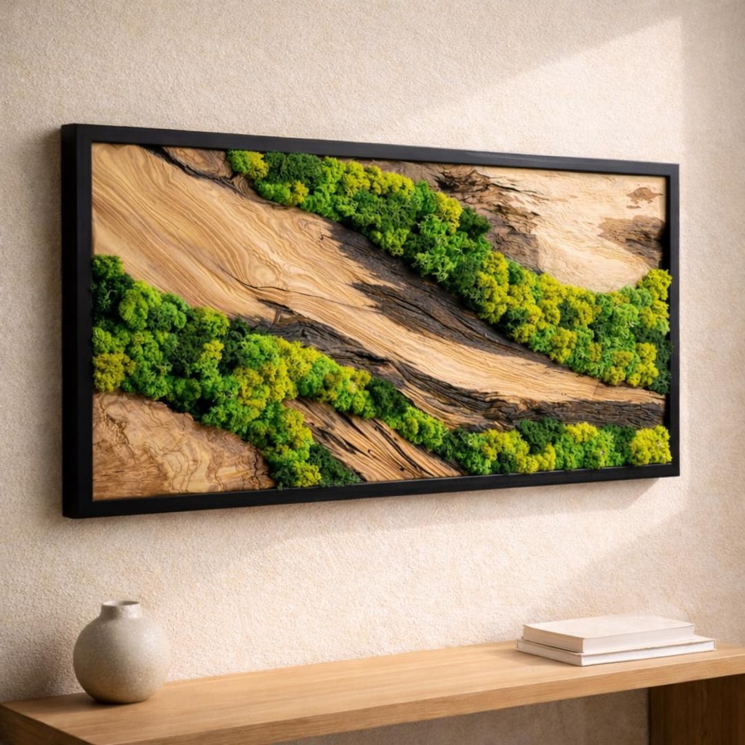Olive Wood Moss Wall Art, Live Edge Nature Decor, Rustic Modern Wood ...